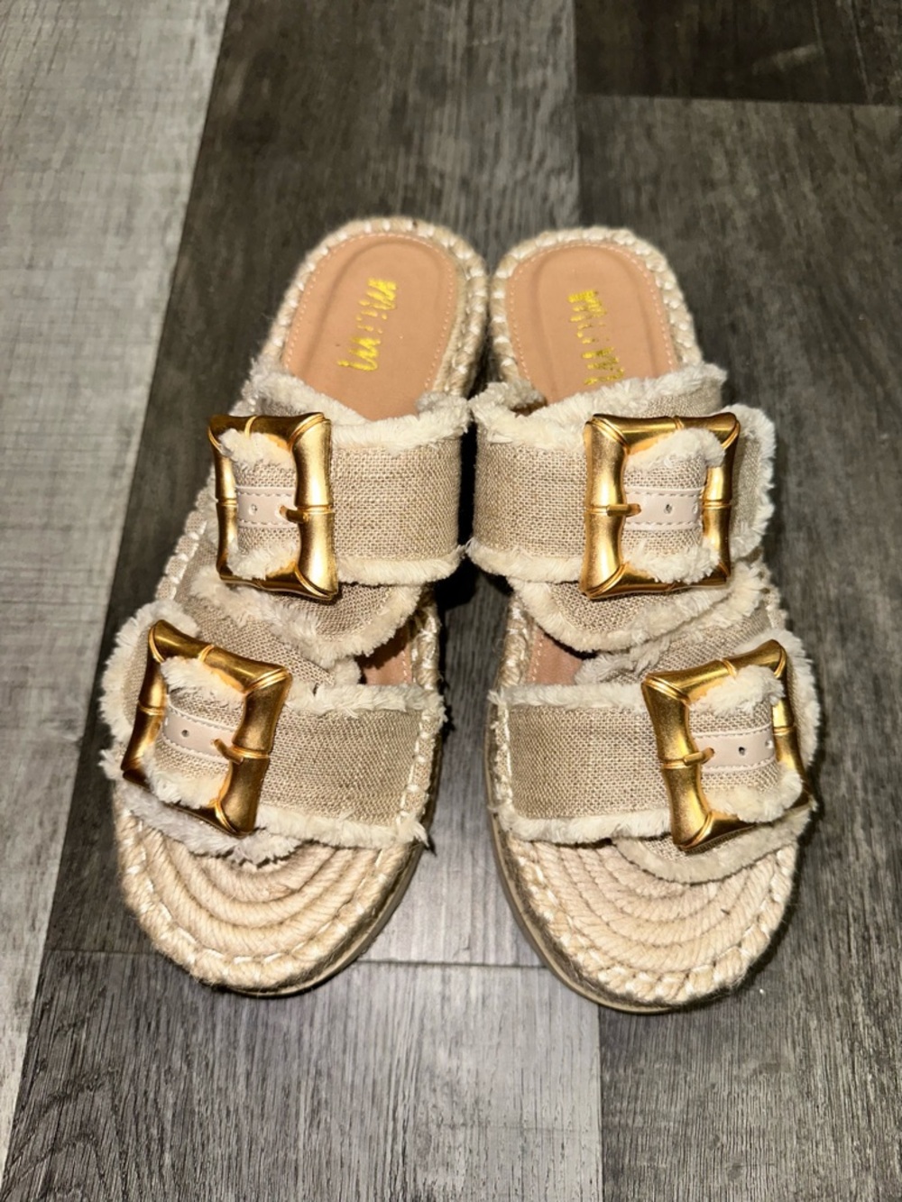 Mi.iM Espadrille Platform Slide Sandals Gold Buckle Raffia Women 8 Boho Chic